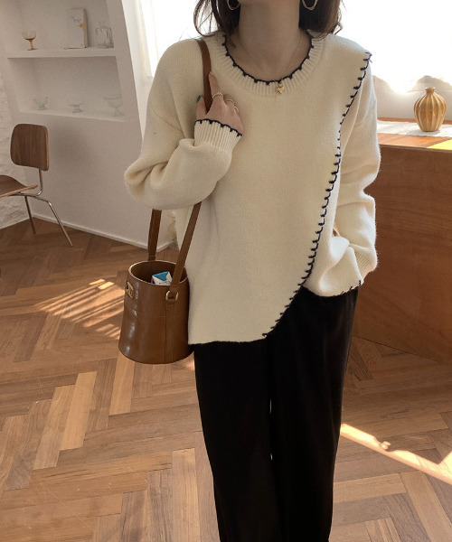 emi+（エミプラス）の「配色ハンドステッチ風ニットトップス（ニット/セーター・レディース・アイボリー/ブラウン/ベージュ/カーキ/ブラック/ブルーグレー・FREE）」の8枚目の写真