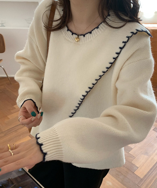 emi+（エミプラス）の「配色ハンドステッチ風ニットトップス（ニット/セーター・レディース・アイボリー/ブラウン/ベージュ/カーキ/ブラック/ブルーグレー・FREE）」の13枚目の写真