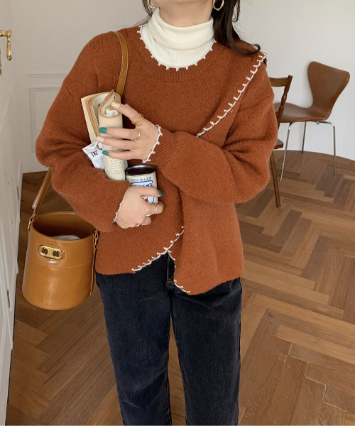 emi+（エミプラス）の「配色ハンドステッチ風ニットトップス（ニット/セーター・レディース・アイボリー/ブラウン/ベージュ/カーキ/ブラック/ブルーグレー・FREE）」の22枚目の写真