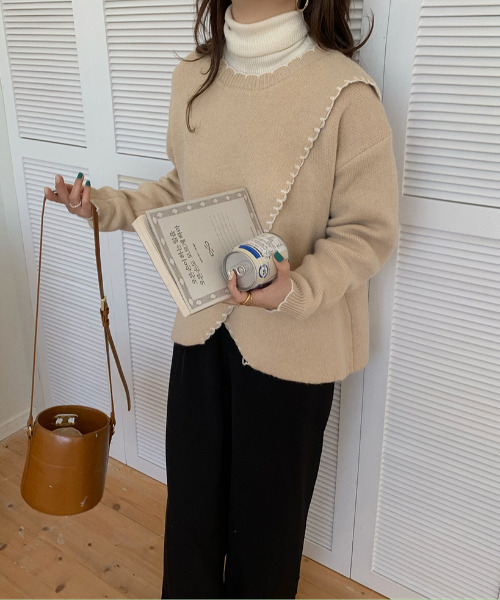 emi+（エミプラス）の「配色ハンドステッチ風ニットトップス（ニット/セーター・レディース・アイボリー/ブラウン/ベージュ/カーキ/ブラック/ブルーグレー・FREE）」の18枚目の写真