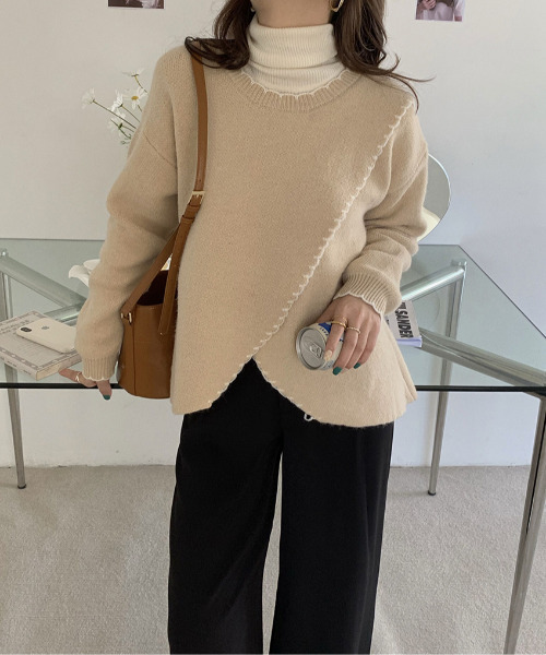 emi+（エミプラス）の「配色ハンドステッチ風ニットトップス（ニット/セーター・レディース・アイボリー/ブラウン/ベージュ/カーキ/ブラック/ブルーグレー・FREE）」の9枚目の写真