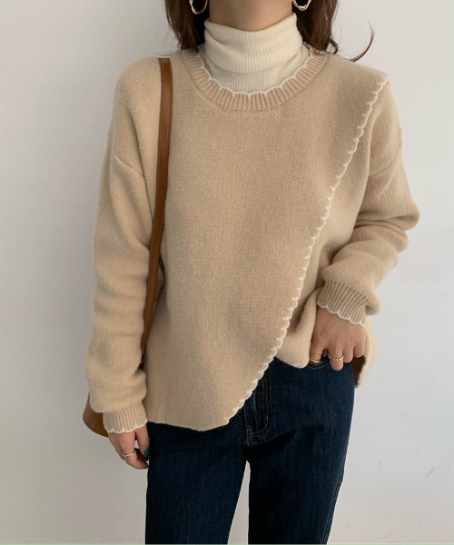 emi+（エミプラス）の「配色ハンドステッチ風ニットトップス（ニット/セーター・レディース・アイボリー/ブラウン/ベージュ/カーキ/ブラック/ブルーグレー・FREE）」の17枚目の写真