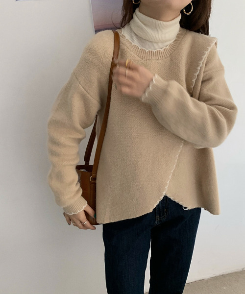 emi+（エミプラス）の「配色ハンドステッチ風ニットトップス（ニット/セーター・レディース・アイボリー/ブラウン/ベージュ/カーキ/ブラック/ブルーグレー・FREE）」の10枚目の写真