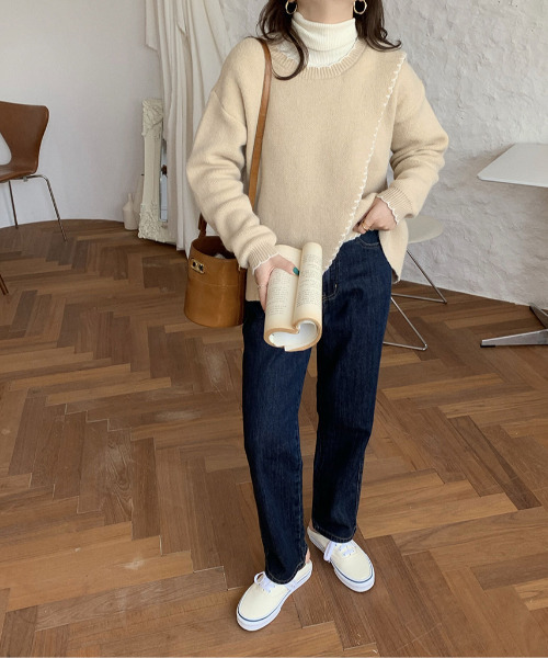 emi+（エミプラス）の「配色ハンドステッチ風ニットトップス（ニット/セーター・レディース・アイボリー/ブラウン/ベージュ/カーキ/ブラック/ブルーグレー・FREE）」の20枚目の写真