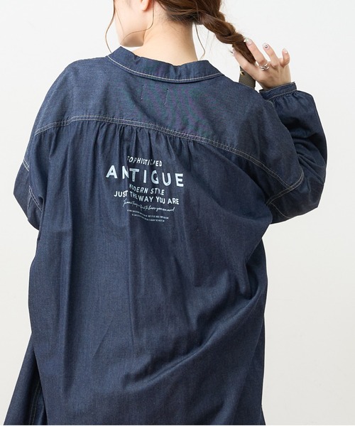 PUAL CE CIN（ピュアルセシン）の「デニム刺繍×プリントワンピース（ワンピース・レディース・グレー/インディゴブルー/ストライプ・FREE）」の2枚目の写真