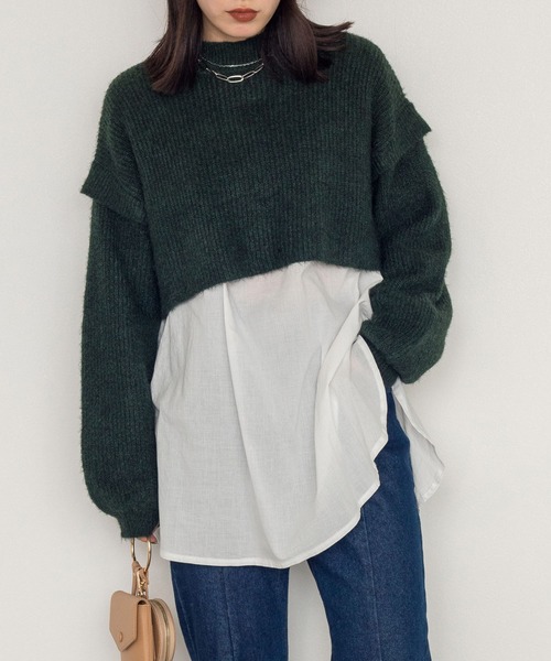 w closet（ダブルクローゼット）の「7G片畦ニットハイネックプルオーバー+スリットブラウスSET（ニット/セーター・レディース・パープル/グレー/グリーン/キナリ・FREE）」の4枚目の写真