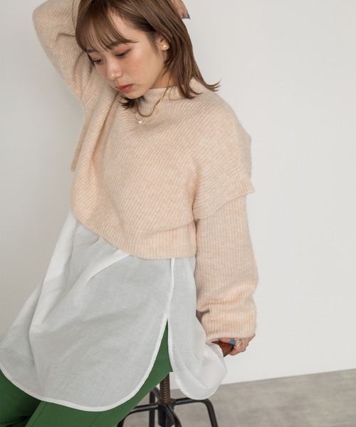 w closet（ダブルクローゼット）の「7G片畦ニットハイネックプルオーバー+スリットブラウスSET（ニット/セーター・レディース・パープル/グレー/グリーン/キナリ・FREE）」の2枚目の写真