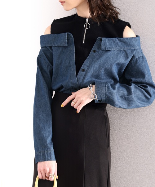 classicalelf（クラシカルエルフ）の「漂う抜け感。インナー×デニムライクドッキングシャツ（シャツ/ブラウス・レディース・ネイビー/ケミカルウォッシュ/ブルー・MEDIUM/LARGE/X-LARGE）」の2枚目の写真
