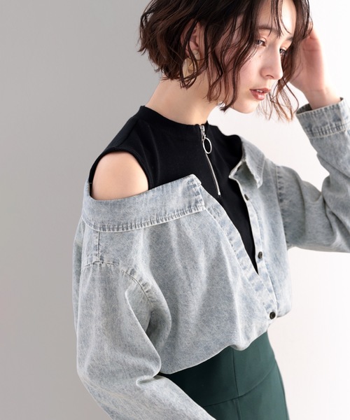 classicalelf（クラシカルエルフ）の「漂う抜け感。インナー×デニムライクドッキングシャツ（シャツ/ブラウス・レディース・ネイビー/ケミカルウォッシュ/ブルー・MEDIUM/LARGE/X-LARGE）」の8枚目の写真