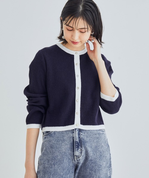 【WEB限定】いろいろ釦バイカラー短丈クルーカーディガン
