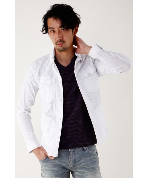 TORNADO MART(トルネードマート)の「TORNADO MART∴タックストライプシャツブルゾン(ブルゾン・メンズ・ネイビー/アイボリー/ブラック・L/M/LL)」の2枚目の写真