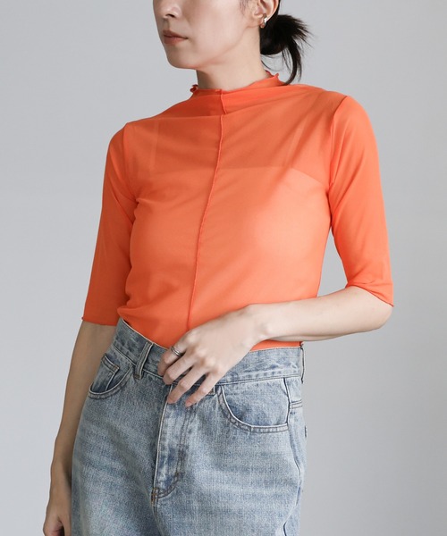 select MOCA(セレクトモカ)の「プチハイネックリンキングシアーメッシュプルオーバー(Tシャツ/カットソー・レディース・ブラック/オフホワイト/オレンジ/グリーン・FREE)」の1枚目の写真