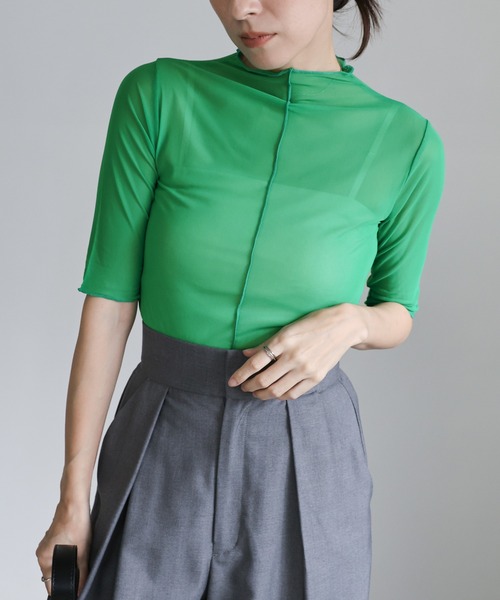select MOCA(セレクトモカ)の「プチハイネックリンキングシアーメッシュプルオーバー(Tシャツ/カットソー・レディース・ブラック/オフホワイト/オレンジ/グリーン・FREE)」の4枚目の写真
