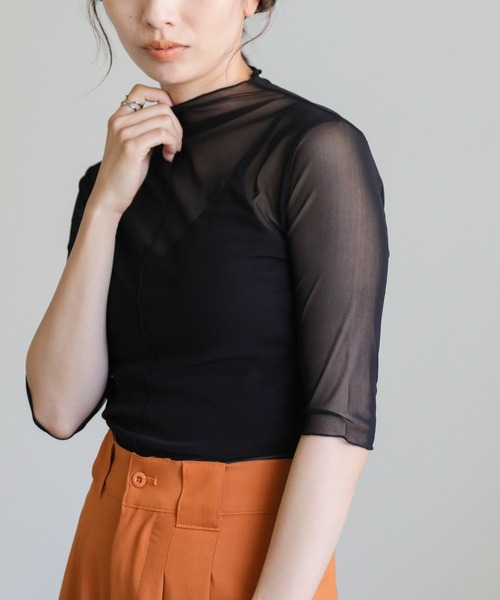 select MOCA(セレクトモカ)の「プチハイネックリンキングシアーメッシュプルオーバー(Tシャツ/カットソー・レディース・ブラック/オフホワイト/オレンジ/グリーン・FREE)」の3枚目の写真
