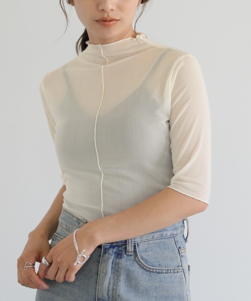 select MOCA(セレクトモカ)の「プチハイネックリンキングシアーメッシュプルオーバー(Tシャツ/カットソー・レディース・ブラック/オフホワイト/オレンジ/グリーン・FREE)」の15枚目の写真