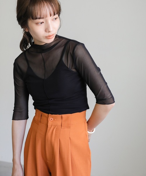 select MOCA(セレクトモカ)の「プチハイネックリンキングシアーメッシュプルオーバー(Tシャツ/カットソー・レディース・ブラック/オフホワイト/オレンジ/グリーン・FREE)」の7枚目の写真