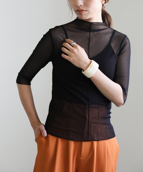 select MOCA(セレクトモカ)の「プチハイネックリンキングシアーメッシュプルオーバー(Tシャツ/カットソー・レディース・ブラック/オフホワイト/オレンジ/グリーン・FREE)」の9枚目の写真