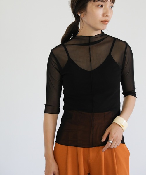select MOCA(セレクトモカ)の「プチハイネックリンキングシアーメッシュプルオーバー(Tシャツ/カットソー・レディース・ブラック/オフホワイト/オレンジ/グリーン・FREE)」の11枚目の写真