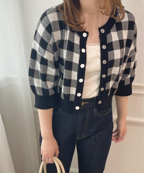 24年✨アナイ　ギンガムブークレ カーディガン　金ボタン　チェック 美品✨️ANAYI アナイ 2024 ギンガムブークレ カーディガン 金ボタン