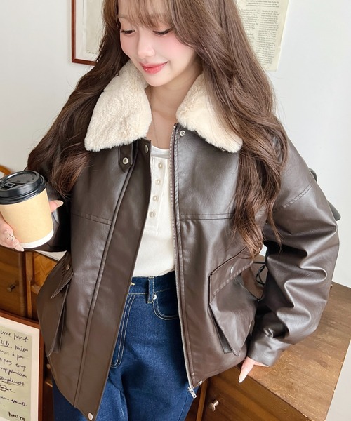 moment＋　フェイクレザーブルゾン セール】【累計販売枚数5万枚突破！】ティペット付きフェイクレザー