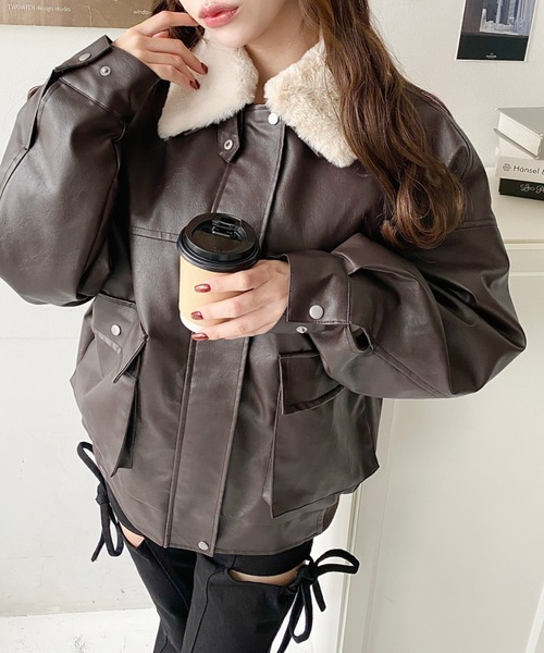 moment＋　フェイクレザーブルゾン セール】【累計販売枚数5万枚突破！】ティペット付きフェイクレザー