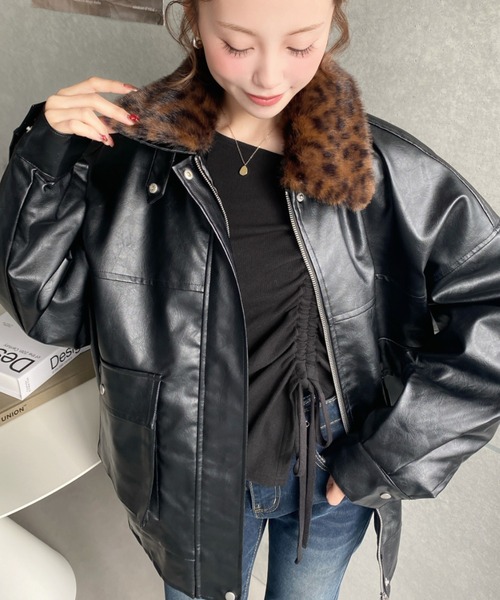 moment＋　フェイクレザーブルゾン セール】【累計販売枚数5万枚突破！】ティペット付きフェイクレザー