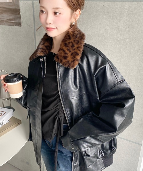 moment＋　フェイクレザーブルゾン セール】【累計販売枚数4万枚突破！】ティペット付きフェイクレザー