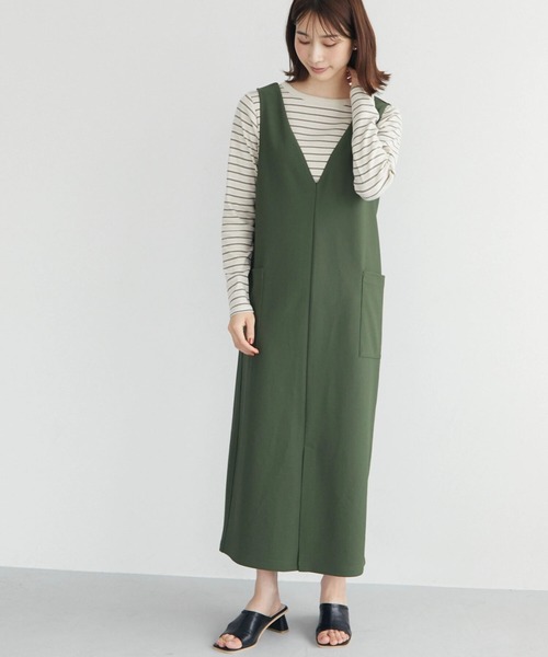 Green Parks(グリーンパークス)の「Vネックジャンスカ(ワンピース・レディース・ブラック/グリーン・FREE)」の2枚目の写真