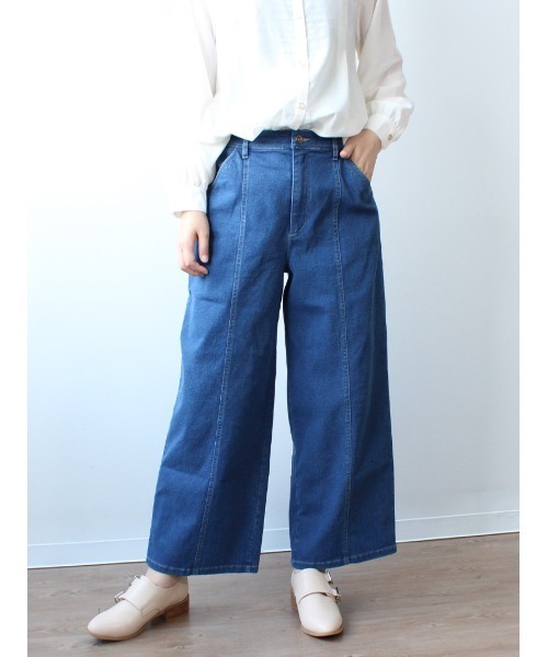セール】【M～5L 大きいサイズ】フロントシーム ワイド デニム パンツ 