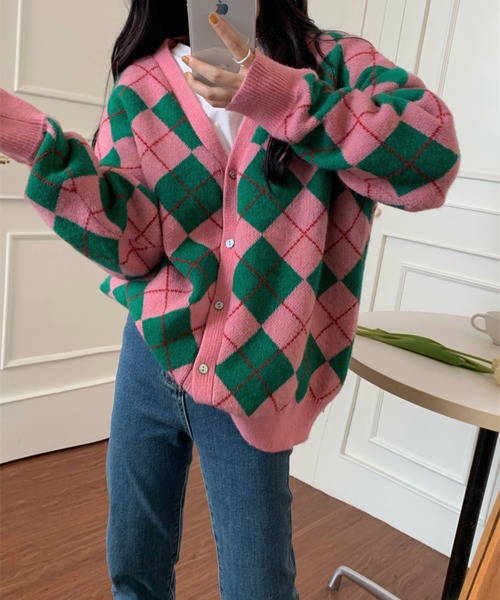 Auntie Rosa（アンティローザ）の「アーガイル柄ニットカーディガン（カーディガン/ボレロ・レディース・ブラック/ブラウン/ピンク/グリーン・FREE）」の14枚目の写真