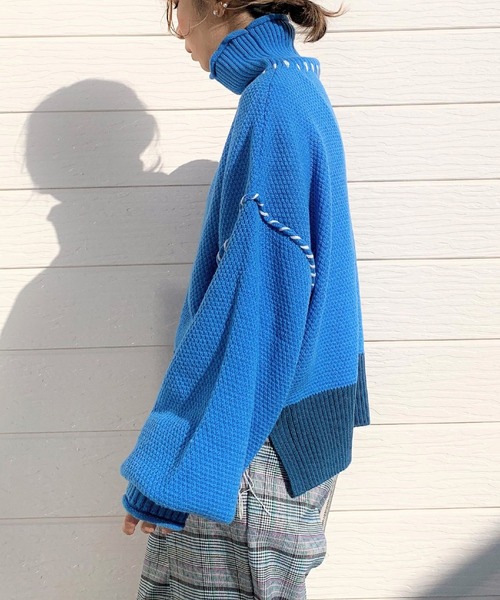 Q(キュー)の「ハンドステッチニット(ニット/セーター・レディース・ターコイズブルー/ブラウン・MEDIUM)」の7枚目の写真