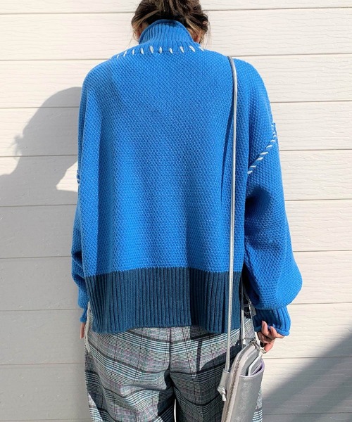 Q(キュー)の「ハンドステッチニット(ニット/セーター・レディース・ターコイズブルー/ブラウン・MEDIUM)」の8枚目の写真