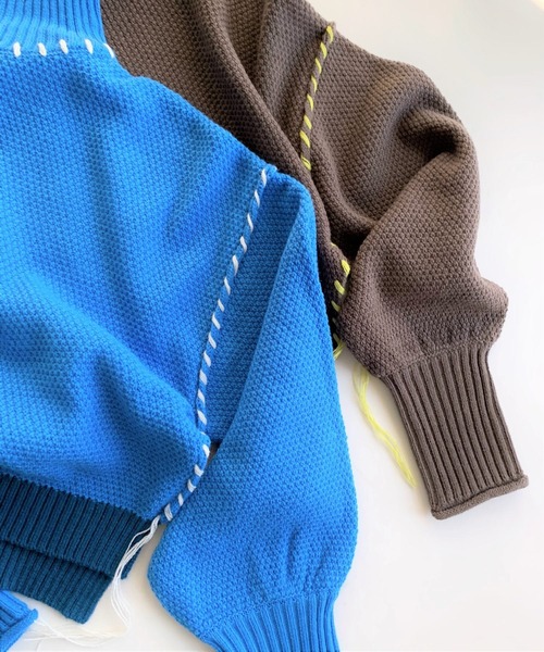Q(キュー)の「ハンドステッチニット(ニット/セーター・レディース・ターコイズブルー/ブラウン・MEDIUM)」の6枚目の写真