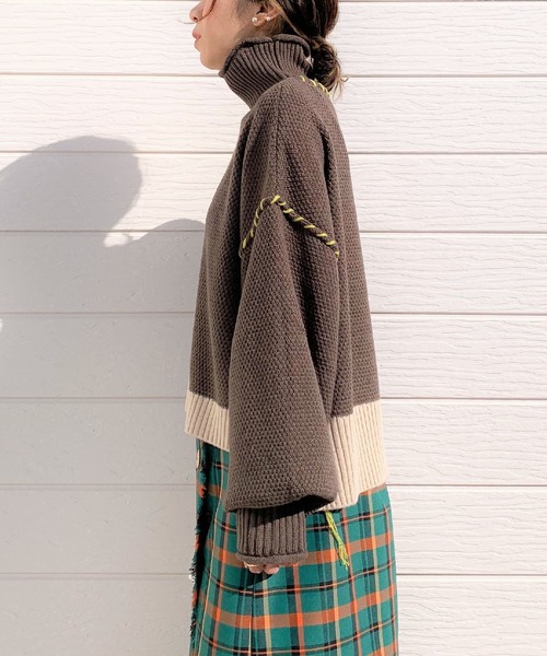 Q(キュー)の「ハンドステッチニット(ニット/セーター・レディース・ターコイズブルー/ブラウン・MEDIUM)」の4枚目の写真