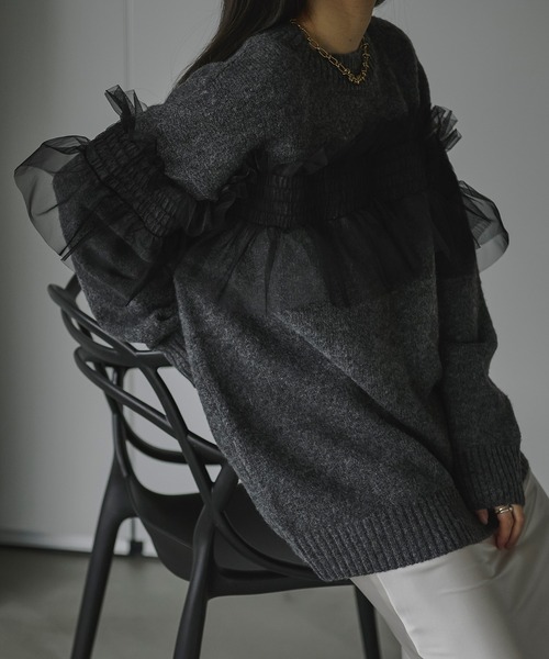 Ezick（エジック）の「Around frill tulle ミックスニット（ニット/セーター・レディース・チャコールグレー/ライラック/ネイビー/ライトグレー/ブラック/ブルーグリーン・FREE）」の12枚目の写真