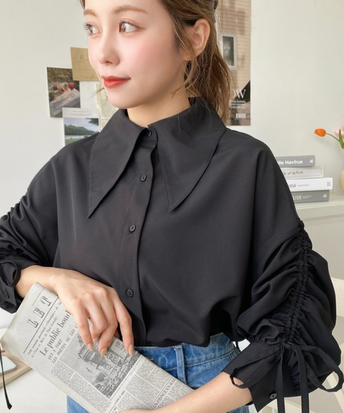 ホワイトリボンシャツ COFREX】 スタンドゴムシャーリング 長袖 レディースデザイン