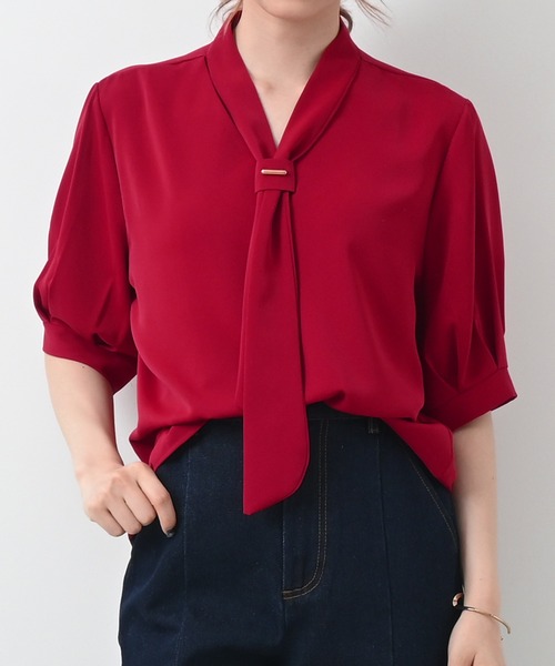 Felt-Maglietta（フェルトマリエッタ）の「半袖リボンタイブラウス（シャツ/ブラウス・レディース・ブラック/ベージュ/ホワイト/ライトグリーン/イエロー/ピンク/レッド/ライトブルー・FREE）」の8枚目の写真