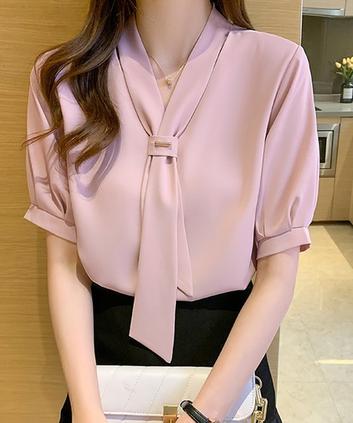 Felt-Maglietta（フェルトマリエッタ）の「半袖リボンタイブラウス（シャツ/ブラウス・レディース・ブラック/ベージュ/ホワイト/ライトグリーン/イエロー/ピンク/レッド/ライトブルー・FREE）」の7枚目の写真