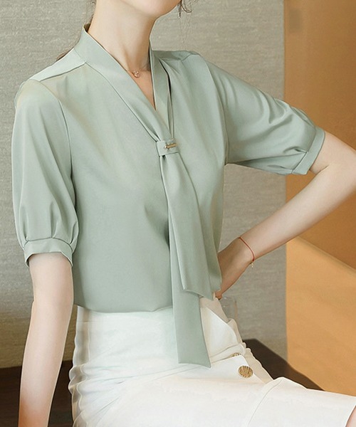 Felt-Maglietta（フェルトマリエッタ）の「半袖リボンタイブラウス（シャツ/ブラウス・レディース・ブラック/ベージュ/ホワイト/ライトグリーン/イエロー/ピンク/レッド/ライトブルー・FREE）」の5枚目の写真