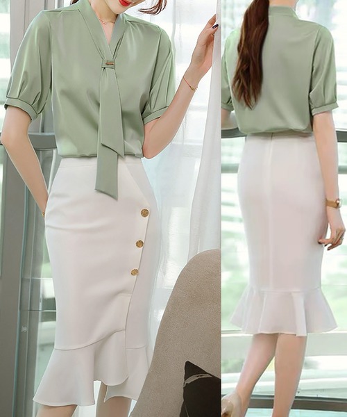 Felt-Maglietta（フェルトマリエッタ）の「半袖リボンタイブラウス（シャツ/ブラウス・レディース・ブラック/ベージュ/ホワイト/ライトグリーン/イエロー/ピンク/レッド/ライトブルー・FREE）」の12枚目の写真