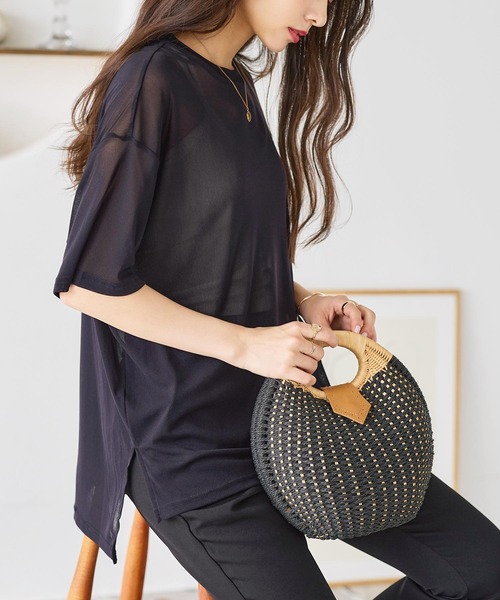 KOBE LETTUCE（コウベレタス）の「オーバーサイズモックネックシアーチュニックTシャツ（チュニック・レディース・ブラック/ブラウン系/オフホワイト・M）」の2枚目の写真