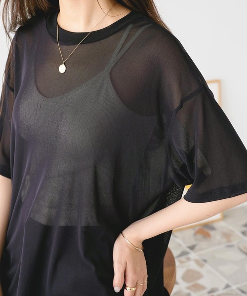 KOBE LETTUCE（コウベレタス）の「オーバーサイズモックネックシアーチュニックTシャツ（チュニック・レディース・ブラック/ブラウン系/オフホワイト・M）」の6枚目の写真