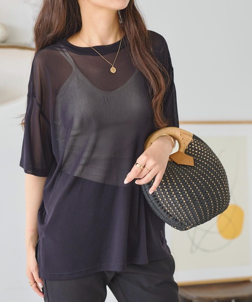 KOBE LETTUCE（コウベレタス）の「オーバーサイズモックネックシアーチュニックTシャツ（チュニック・レディース・ブラック/ブラウン系/オフホワイト・M）」の8枚目の写真