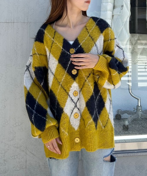 INGNI（イング）の「アーガイル柄シャギーニットカーディガン（カーディガン/ボレロ・レディース・ブルー/ブラック×グレー/マスタード・M）」の8枚目の写真