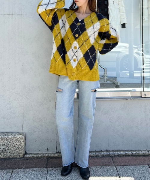 INGNI（イング）の「アーガイル柄シャギーニットカーディガン（カーディガン/ボレロ・レディース・ブルー/ブラック×グレー/マスタード・M）」の6枚目の写真