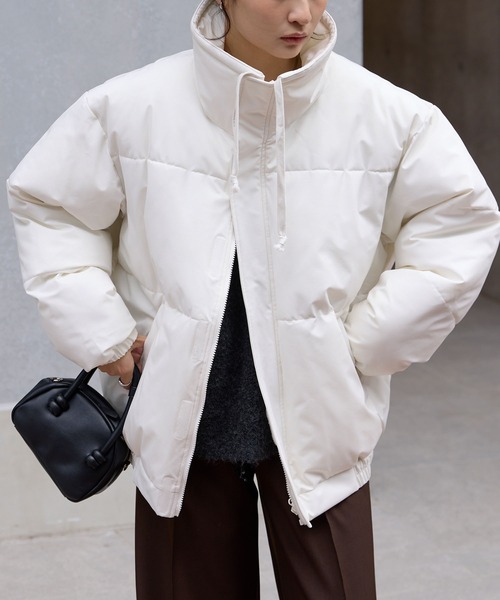 アイボリー ハイネック オーバーサイズジャケット PICSAS】<撥水/防風>オーバーサイズ ハイネック ボリューム中綿