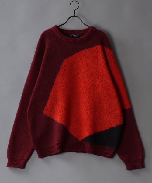 SITRY(シトリー)の「asymmetry design jacquard knitting crew neck sweater/アシンメトリーデザイン ジャガード ニット クルーネック セーター/ニット/総柄(ニット/セーター・メンズ・バーガンディー/ブラック/カーキ・L/M)」の3枚目の写真
