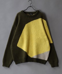 asymmetry design jacquard knitting crew neck sweater/アシンメトリーデザイン ジャガード ニット クルーネック セーター/ニット/総柄