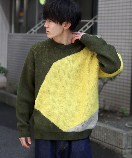 SITRY(シトリー)の「asymmetry design jacquard knitting crew neck sweater/アシンメトリーデザイン ジャガード ニット クルーネック セーター/ニット/総柄(ニット/セーター・メンズ・バーガンディー/ブラック/カーキ・L/M)」の9枚目の写真