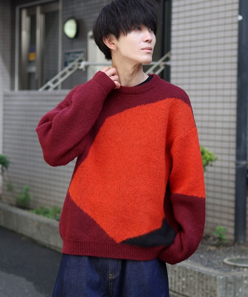 SITRY(シトリー)の「asymmetry design jacquard knitting crew neck sweater/アシンメトリーデザイン ジャガード ニット クルーネック セーター/ニット/総柄(ニット/セーター・メンズ・バーガンディー/ブラック/カーキ・L/M)」の12枚目の写真